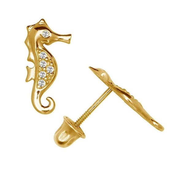 14K Solid Gold Adorable Seahorse Studs pair of Screw Back earrings with Stones